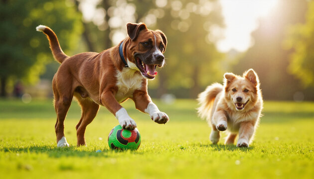Playful dogs running with a ball in sunny park, joy and companionship