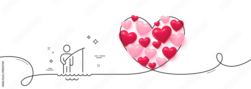 Poster fisherman line icon. continuous line big heart. fishing place sign. fisher with rod symbol. 3d heart
