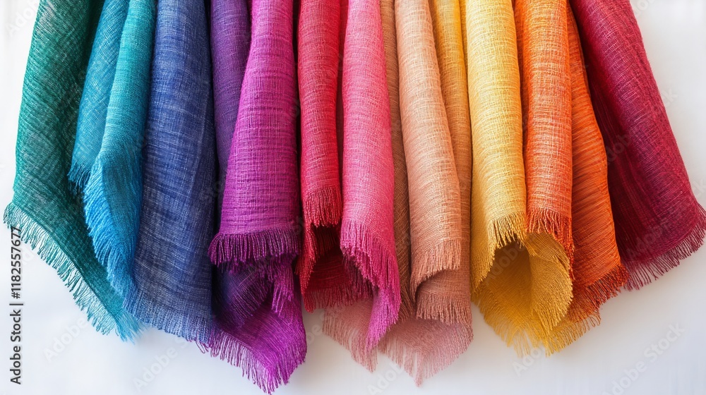 Poster Vibrant multicolored woven fabrics display with textured patterns and fringe edges