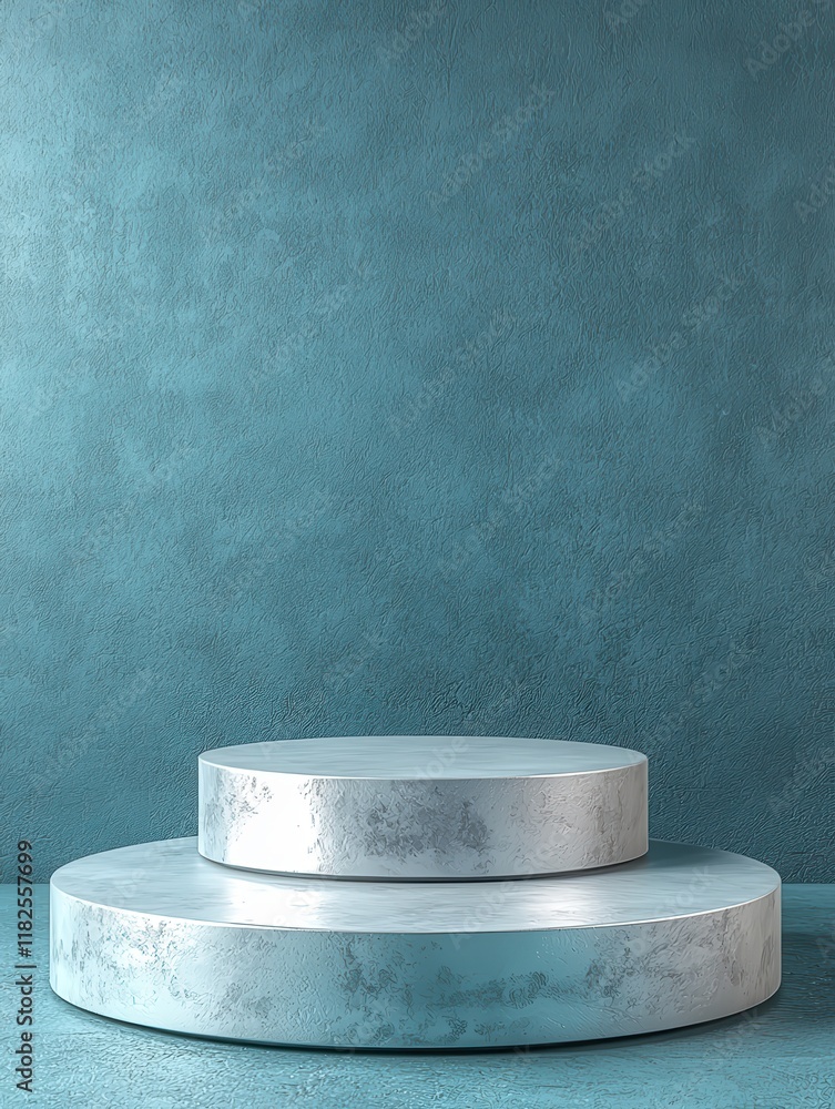 Poster surreal product display with circular stands turquoise background high resolution monochrome texture