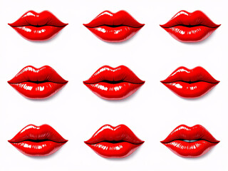 Obraz premium Multiple pairs of glossy red lips arranged in a neat grid pattern on a white background.