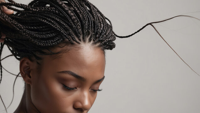 Closeup view of a person with braided hair showcasing intricate details and texture, highlighting artistry and beauty in hairstyle
