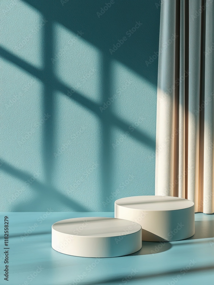 Poster minimalist three circular product stands displaying muted tones turquoise background surreal style h