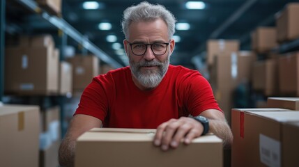 Fototapeta premium In an expansive warehouse, a man with a beard and glasses in a red shirt carefully arranges packages, highlighting his dedication and the organized environment of his workspace