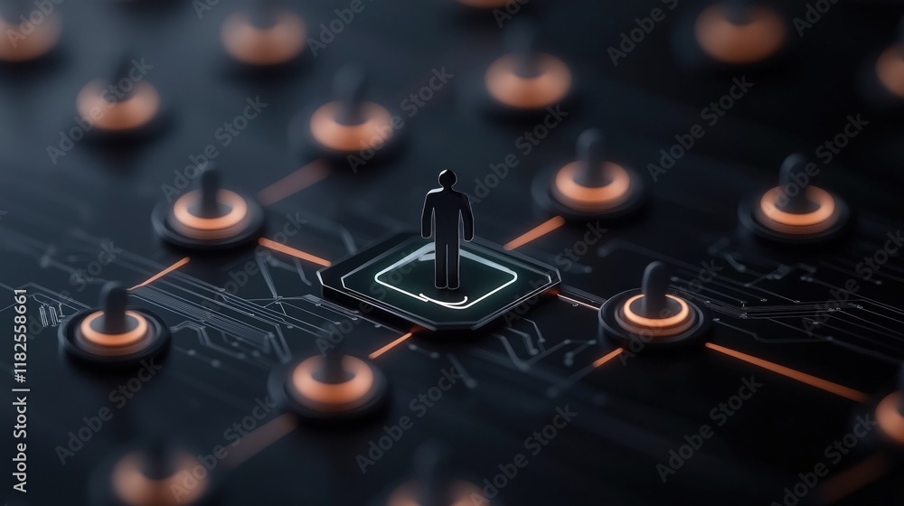 Poster small figure stands at the center of a circuit board design, surrounded by illuminated nodes and con