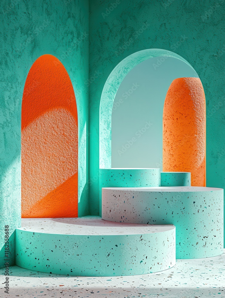 Poster surreal display of three circular product stands turquoise background high-resolution visuals modern