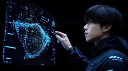 young man engages with a holographic interface, manipulating digital representations of complex data and technology. setting is dim, enhancing the futuristic atmosphere of the display