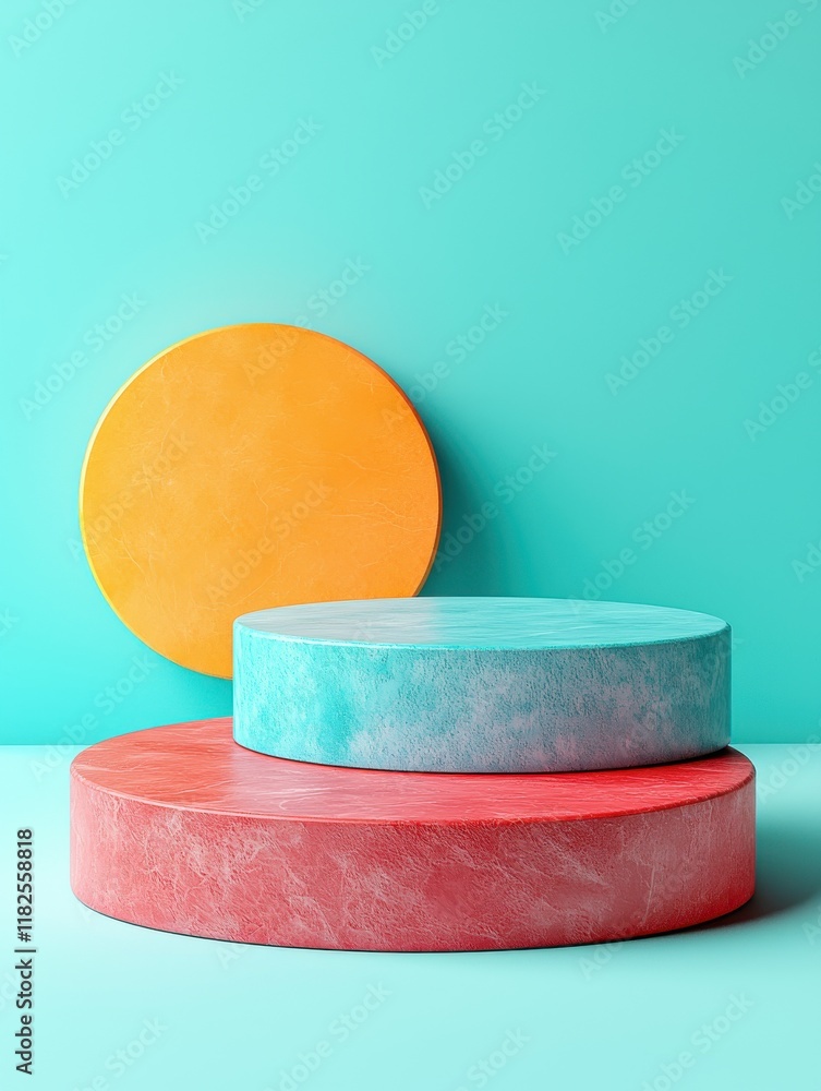 Poster surreal product display stands turquoise background high-resolution imagery abstract environment art