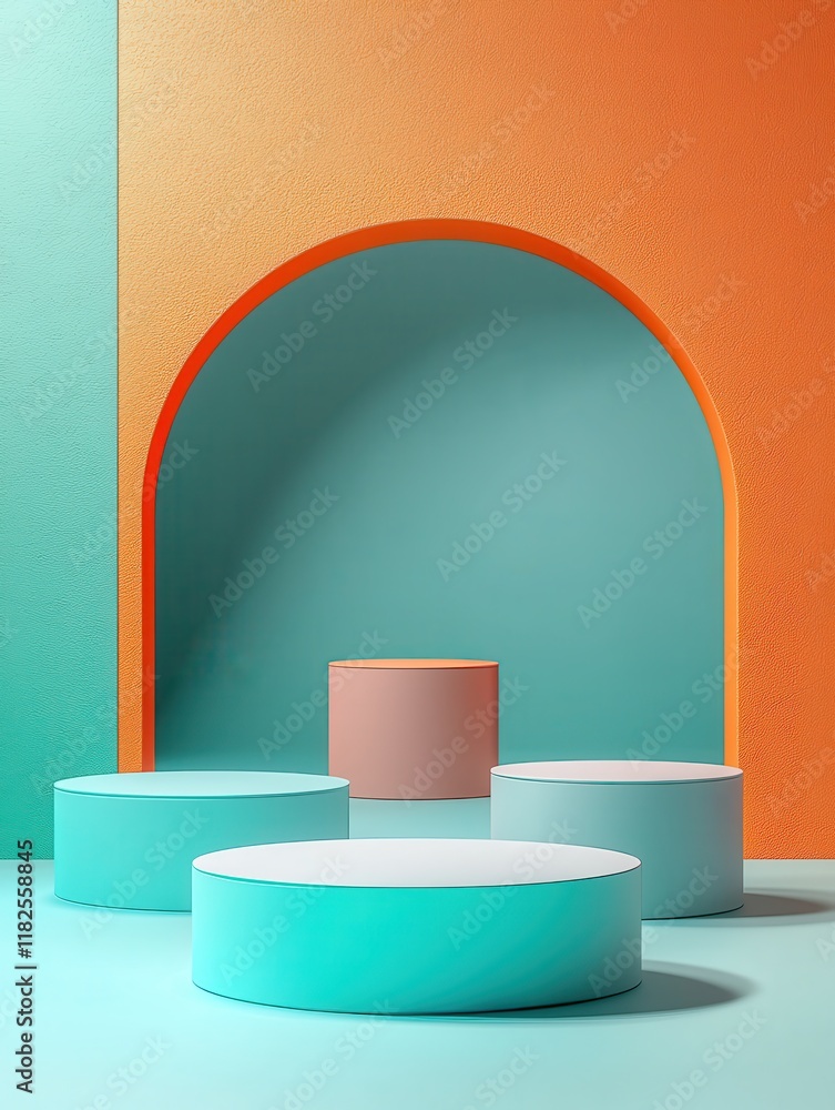 Poster surreal product display with circular stands turquoise background high-resolution design minimalist 