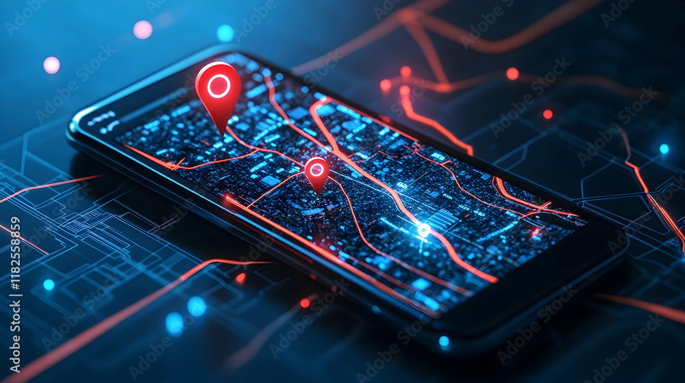 Poster smartphone displaying a digital map with 3d pins, gps routes, and a global navigation icon for deliv
