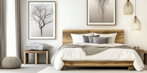 Minimalist bedroom interior, natural wood platform bed, white bedding, cream walls, framed botanical prints, pendant lights, dried floral arrangement, Scandinavian design, soft neutral tones, serene a