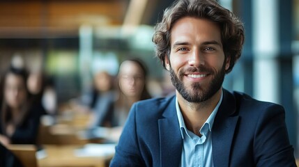 Obraz premium Confident young caucasian male in business attire smiling in office setting