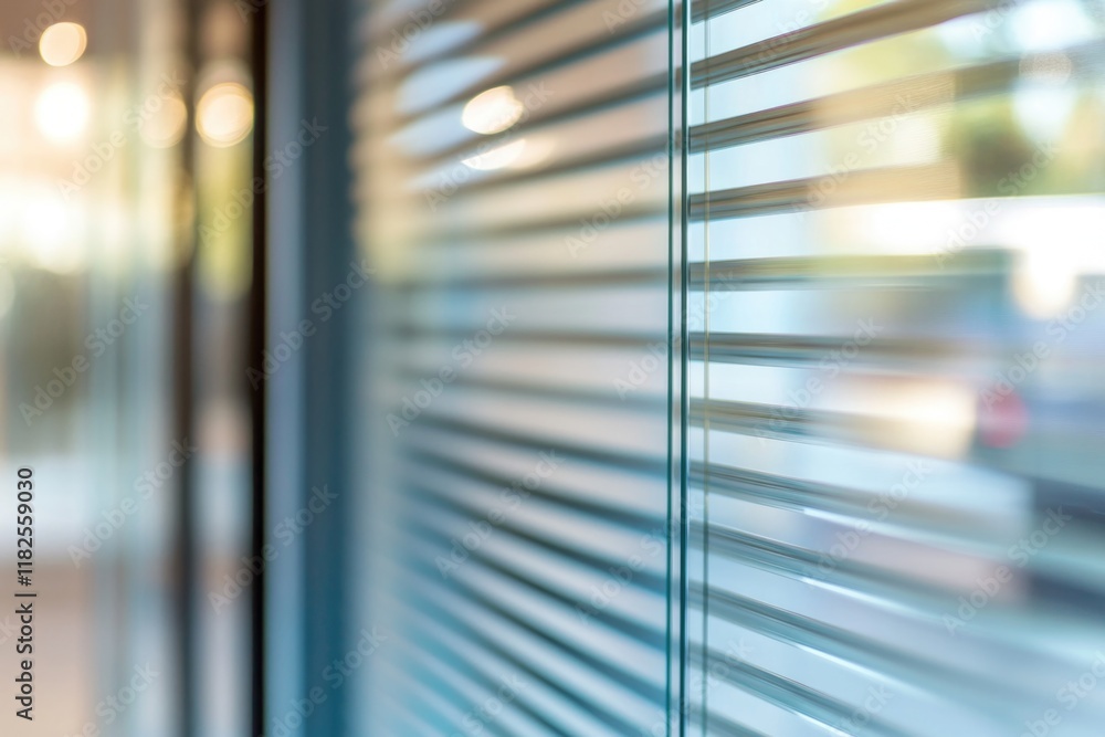 Poster a close-up view of a window with blinds partially open, ideal for use in interior design or architec