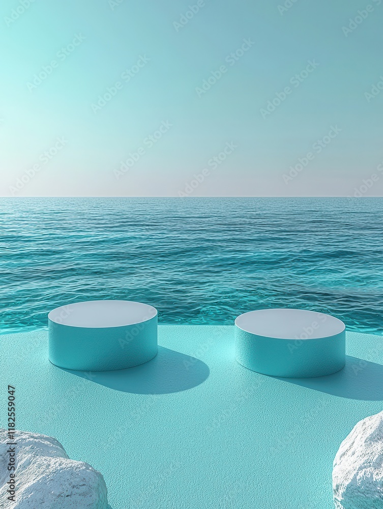Poster surreal oceanic product display turquoise beach high-resolution visuals calm seascape minimalist vie