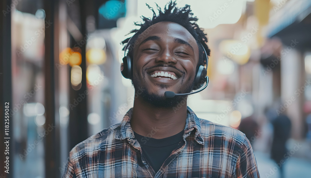 Poster smiling customer support operator with hands-free headset working in office -