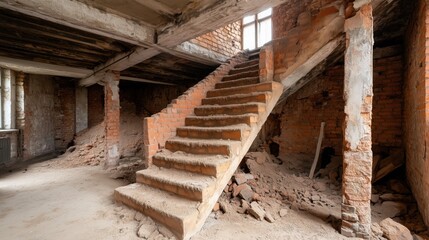 Obraz premium Dusty, abandoned interior showcases a worn staircase leading to an upper level, surrounded by scattered debris and exposed bricks highlighting neglect and decay