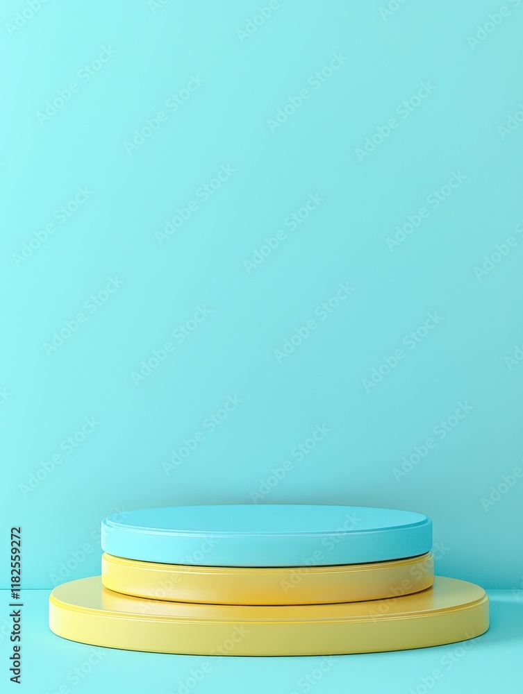 Poster surreal product display turquoise background circular stands modern style studio setting minimalist 