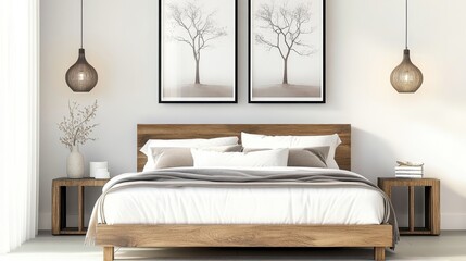 Minimalist bedroom interior, natural wood platform bed, white bedding, cream walls, framed botanical prints, pendant lights, dried floral arrangement, Scandinavian design, soft neutral tones, serene a