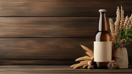 bottle of beer is placed on a wooden table beside fresh wheat and pinecones. stylish arrangement creates a warm, inviting atmosphere perfect for gatherings and celebrations