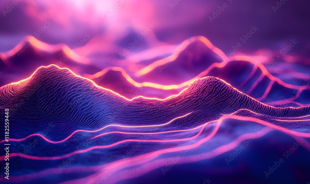 Aufkleber design a digital terrain with glowing neon lines tracing abstract patterns