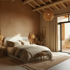 Cozy rustic bedroom, warm earth tones, wooden beams ceiling, large comfortable bed, fluffy pillows, neutral bedding, upholstered bench, bedside lamps, woven area rug, sliding glass door, natural light