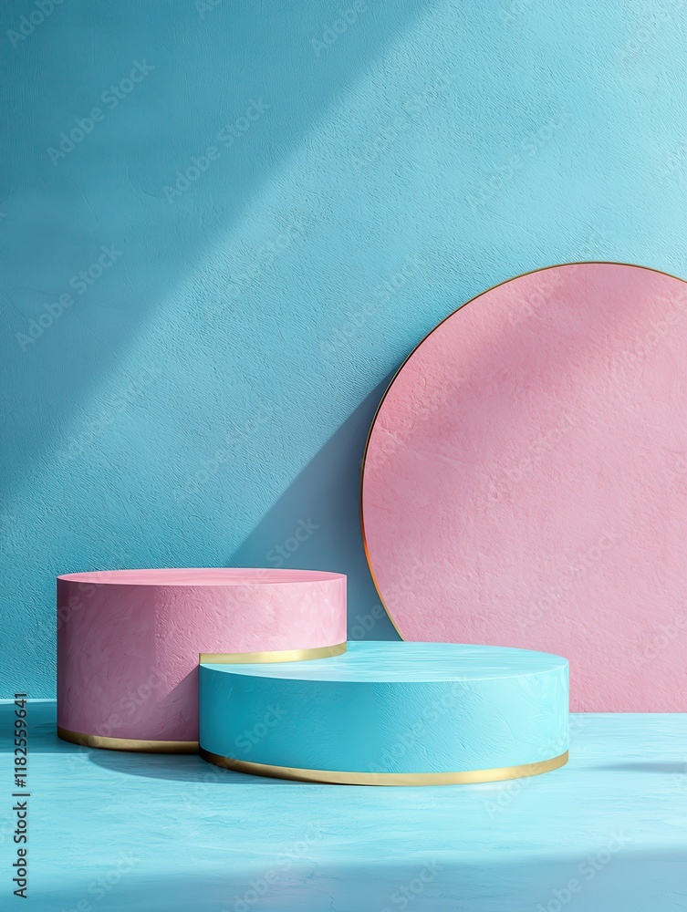 Poster surreal product display with circular stands turquoise background high-resolution visuals modern aes