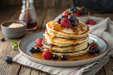 Delicious Stack of Buttermilk Pancakes Topped with Fresh Berries and Maple Syrup