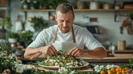 Fototapeta premium chef meticulously arranges a vibrant salad in a rustic kitchen