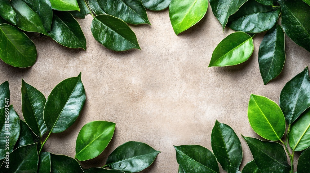 Poster fresh green leaves arranged on a textured surface create a calming natural frame