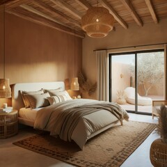 Cozy rustic bedroom, warm earth tones, wooden beams ceiling, large comfortable bed, fluffy pillows, neutral bedding, upholstered bench, bedside lamps, woven area rug, sliding glass door, natural light