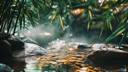 Serene stream flowing over smooth stones in a lush bamboo forest, misty atmosphere.