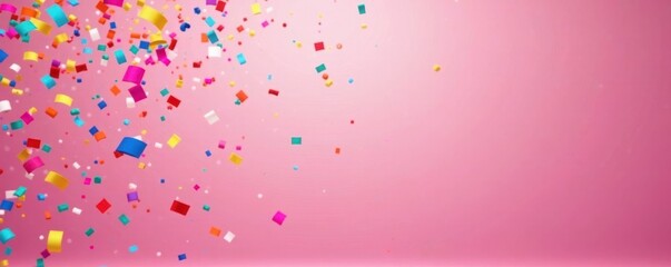 Pink backdrop, multicolored confetti cascade, dynamic motion, graphic, background