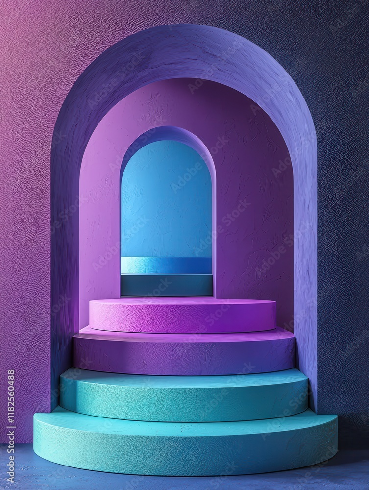 Poster surreal circular product stands turquoise background high-resolution visual radiant color scheme art