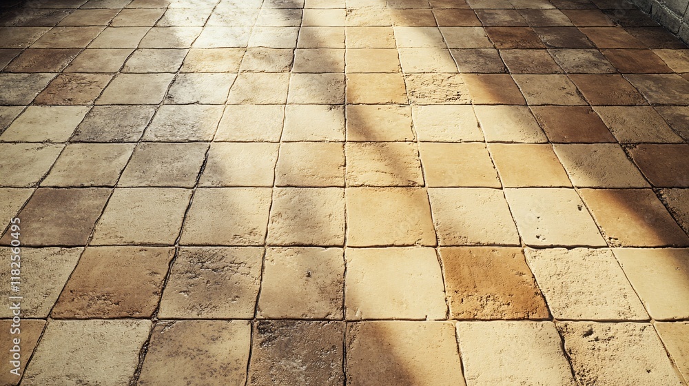Poster sunlight casts shadows on a rustic stone floor in a warm indoor setting