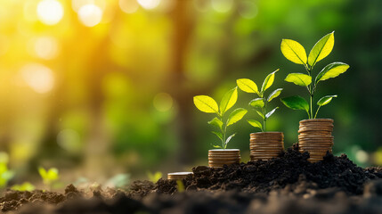Growing Plants on Stacks of Coins with Sunlight Symbolizing Eco-Friendly Financial Growth
