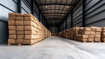 Fototapeta premium Large stacks of hay bales are organized in a well-lit storage facility, with plenty of space between them, showcasing efficient agricultural storage practices