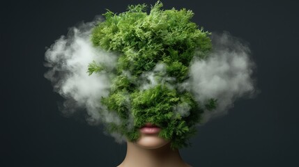 surreal human figure features a dense cluster of green foliage covering the head, invoking a sense of nature merging with humanity