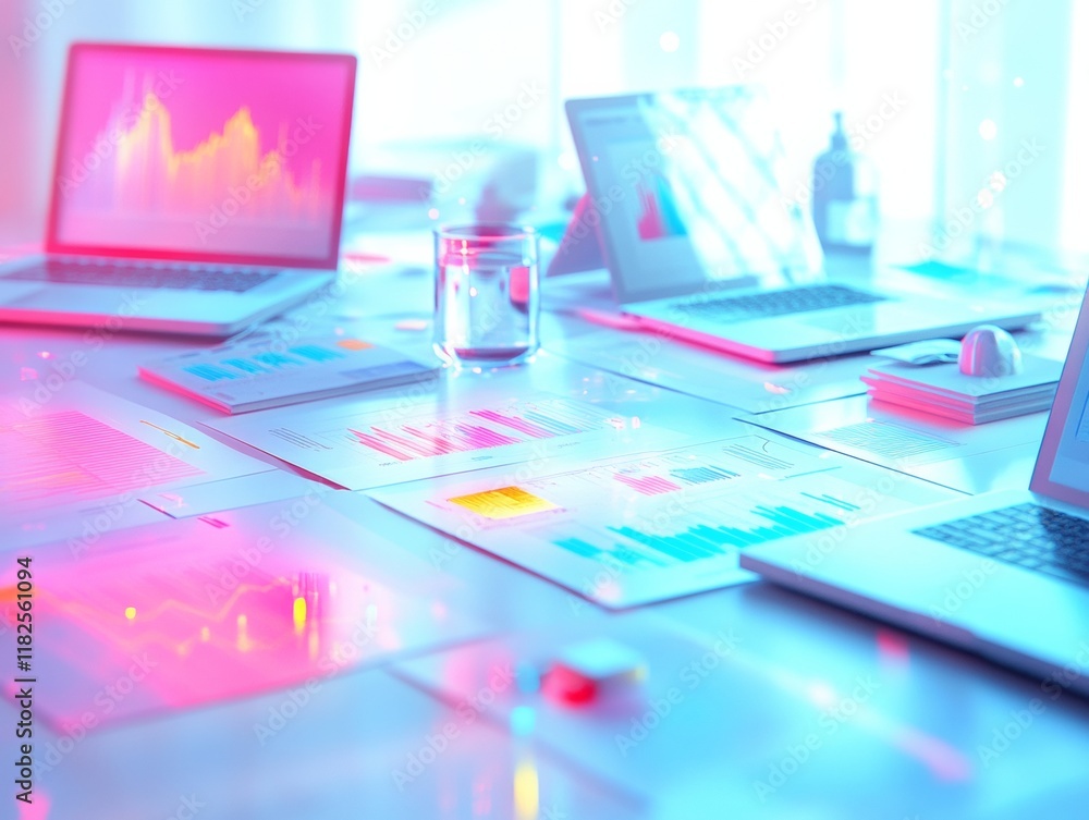 Poster collaborative global finance analysis laptops and financial graphs in soft pastel light