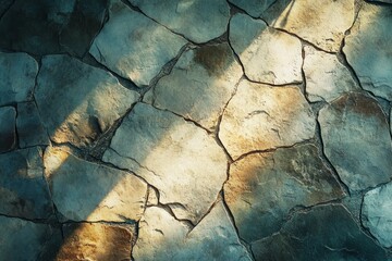 Fototapeta premium Sunlight filters through leaves, creating intricate shadows on a stone pavement, adding depth and texture to the surface