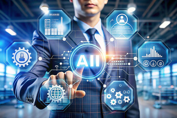 Businessman touching AI interface displaying digital icons.