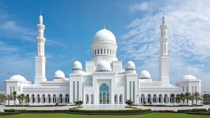 impressive mosque stands prominently featuring multiple large domes and tall minarets. Lush palm trees frame the area, enhancing the serene atmosphere of this urban retreat