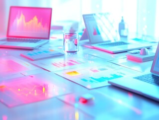 Collaborative Global Finance Analysis Laptops and Financial Graphs in Soft Pastel Light