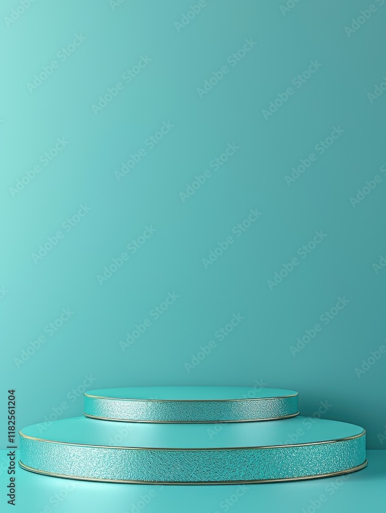 Poster three circular product stands displaying surreal landscape turquoise background high-resolution visu