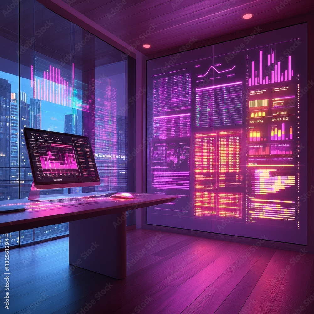 Poster futuristic workspace with digital financial charts in urban setting