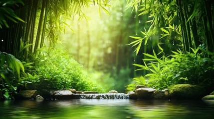 Plexiglas schilderij Toilet Serene bamboo forest stream with sunlight filtering through leaves.  © Fenny