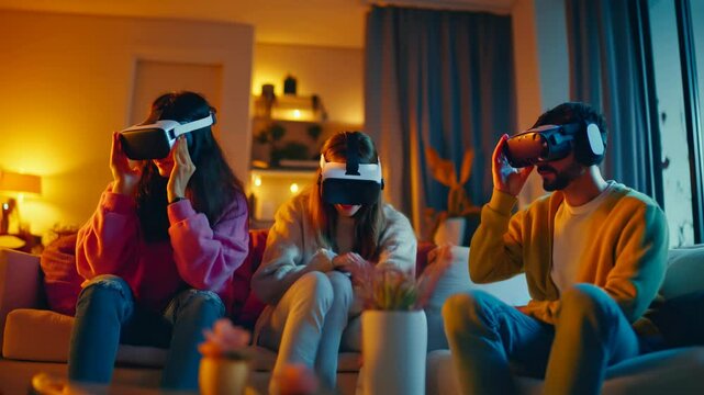 Friends enjoying virtual reality experience at home