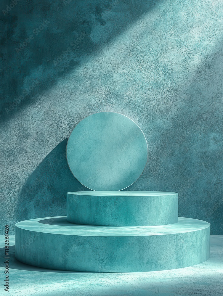 Poster surreal product display turquoise background visual art simple style elevated perspective creative d