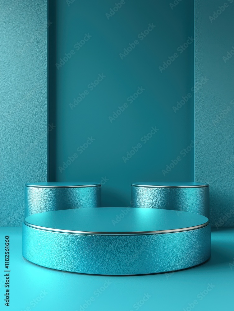 Poster surreal circular product stands turquoise background high-resolution display modern environment arti