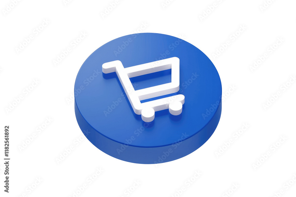 Poster 3d render of a white shopping cart icon on a blue circle. background removed