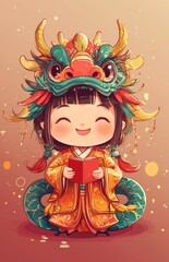 Cute asian child in traditional dragon costume reading a book with joyful expression